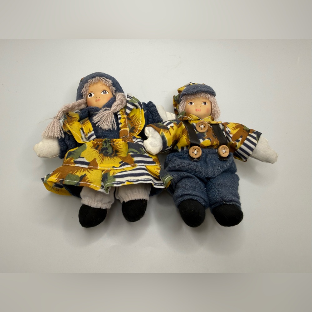 Vintage Bisque Porcelain & Cloth Body Miniature Boy Girl Doll Pair 6" sunflower